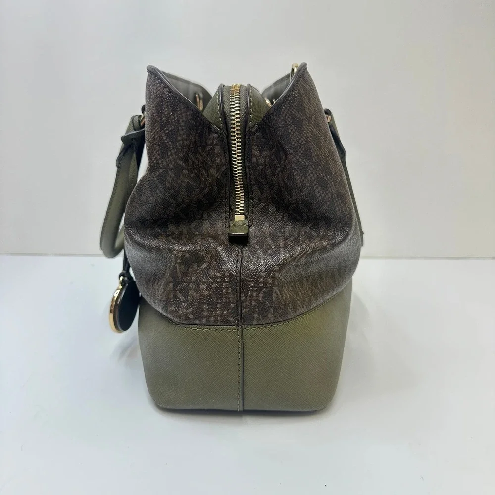 Michael Kors Signature Logo Satchel Brown Olive Green Two Tone Handbag Gold HW